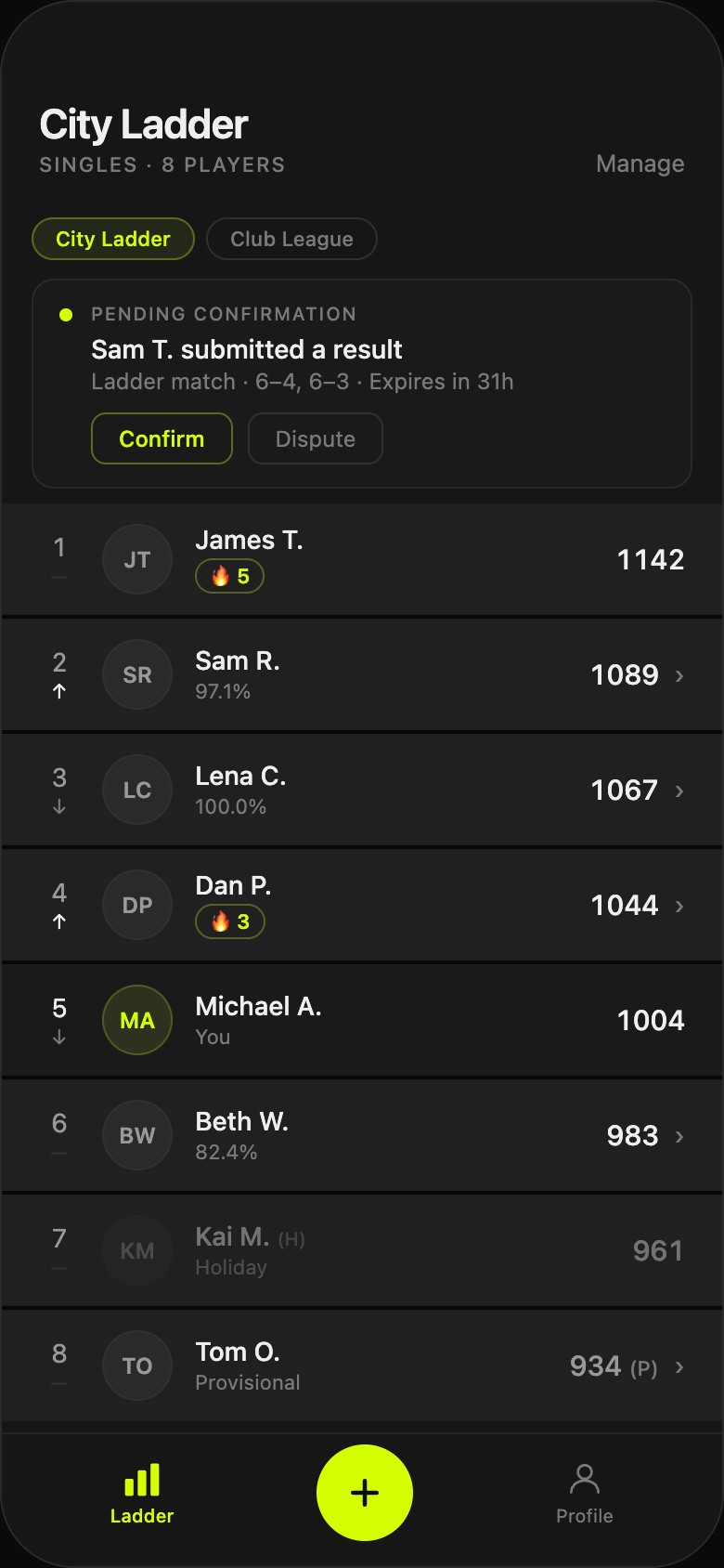 Tennis ladder leaderboard showing rankings and live match confirmations