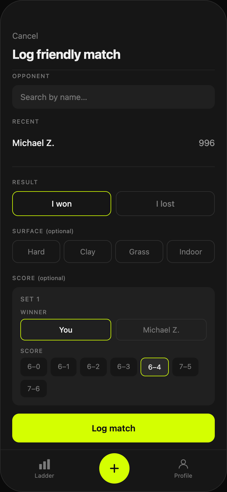 Log a tennis match